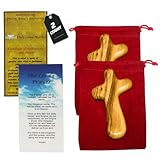 Two Olive Wood Comfort Crosses with Velvet Bags & Lord's Prayer Card - The Holding or Hand Cross (4 inches) - Large