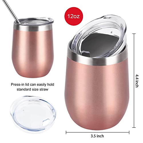 6 Pack 12Oz Stainless Steel Stemless Wine Glasses, Set Of 6 Insulated Wine Tumblers With Lids And Straws, Stainless Steel Cups For Wine, Champaign, Cocktail, Coffee, Ice Cream (Rose Gold Aqua Blue) #TOP5