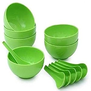 FILPO Soup Bowl 6 Bowls 6 Soup Spoons (Green) Set of 12 Pieces