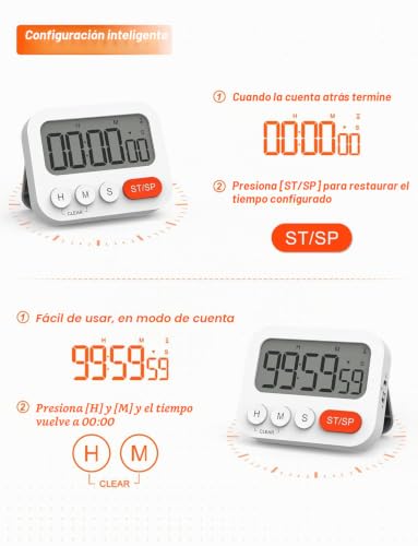 Temporizador de cocina digital LIORQUE de 2 piezas, reloj con imán y volumen regulable 8