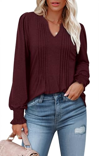 BETTE BOUTIK Long Sleeve Shirts for Women Fall Tops Dressy Blouses Pleated V Neck Tunic Tops for Leggings S-3XL