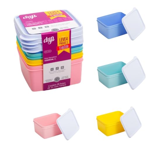 KIT 4 Potes Herméticos Essencial DUP 1L Micro-Ondas Lava-Louças Freezer Bpa Free