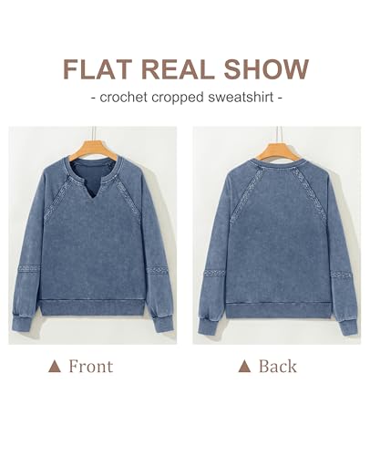 SELINK Womens Cropped Sweatshirts Lace Crochet Vintage Long Sleeve Tops Cute Notch Neck Pullover Fall Outfits Blue-S