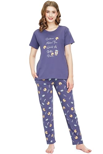 Image of ZEYO Night Suit for Women's Cookies & Cup Printed Cotton Night Dress of Top and Pajama Set 5772