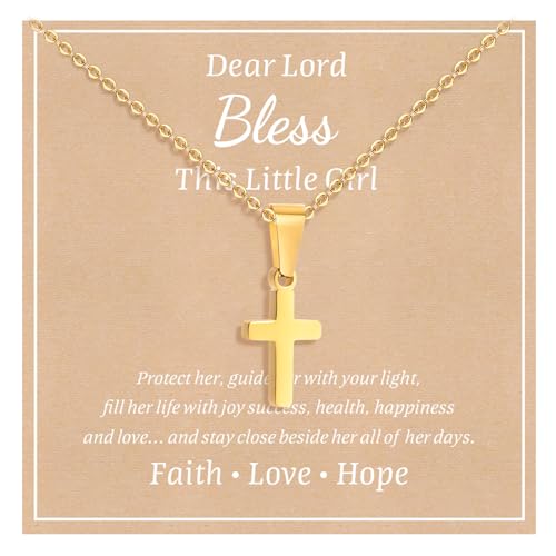 XUANPAI Stainless Steel Cross Necklace for Boys Girls - Silver Gold Cross Chain Necklace Christmas Necklace Jewelry First Communion Baptism for Teenage Boys Son Nephew Toddler (Girls, Gold Plated)