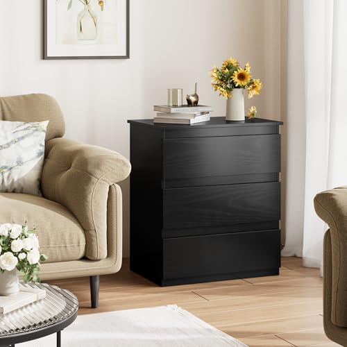 Image of Bamjoy Black Nightstand with 3 Drawers, Beside Table with Drawers for Bedroom, Small Side Table Storage Cabinet 3 Drawer Night Stand for Home Office, 18.0W x 14.0D x 24.8H Inches