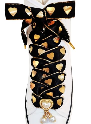 TOPPING STYLE Fashionable Satin Ribbon Shoe Laces with Bling Pearl Charms for Girls & Women (02 Black Gold Heart- Gold, 63