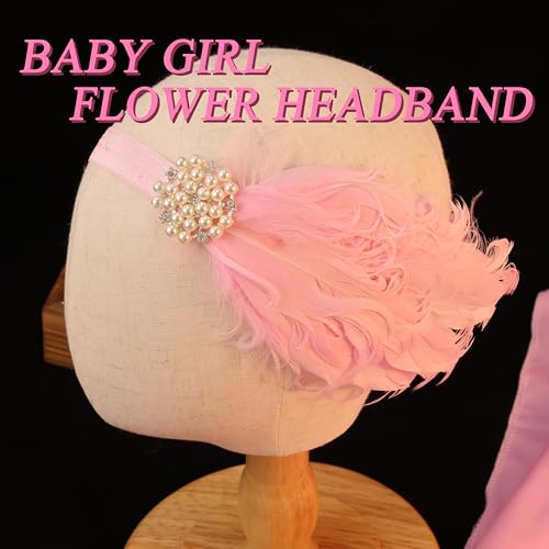 Stretchy Baby Girls Feather Headband Pearl Beads Fabric Flower Elastic Toddler HairBands Birthday Party Princess Hair Accessoties for Newborn Infant (Pink B, Standard Small)4