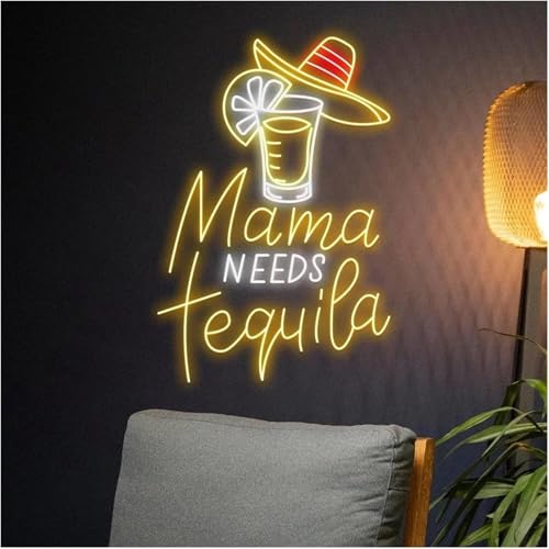 Enseigne au néon acrylique écriture rose Mama Needs Tequila Mucho lumière douce
