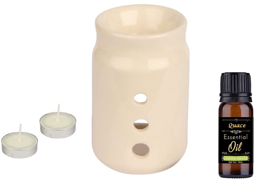 Quace Ceramic Aroma Diffuser Oil Burner with 2 Candles (Ivory White)