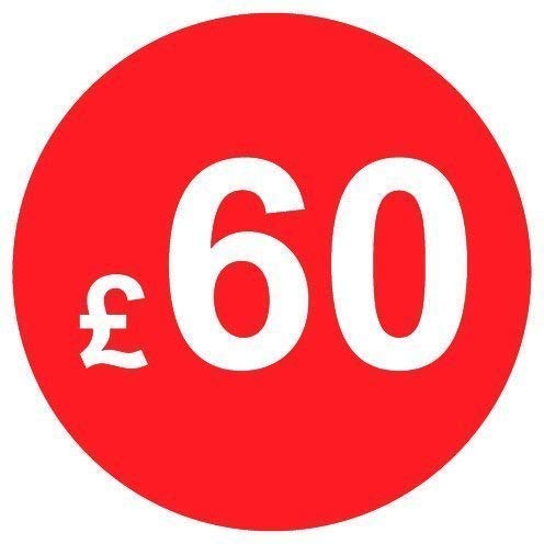 Pack of 500-20mm Price Stickers/Labels - Choose from 10p to £95 - Bright Red - Many Prices to Choose from (£60 - Red)