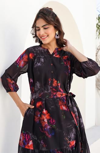 Janasya Women's Georgette Black Comfort Summer Dress for Women2