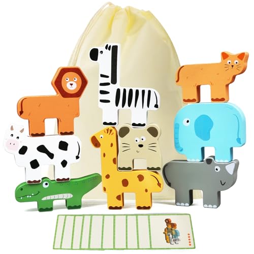JugueteLand Wooden Animal Stacking Puzzle Toy, Educational Balancing Activity Toy for Kids, Wooden Zoo Animal Building Blocks Stacker & Bag, Stacking...