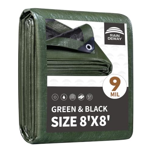 RAINDEWAY 8x8 Feet Tarp Waterproof,9Mil Green/Black Poly Tarps Cover