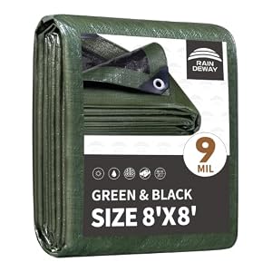 RAINDEWAY 8×8 Feet Tarp Waterproof,9Mil Green/Black Poly Tarps Cover