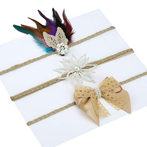 BESTOYARD 3pcs Nativo Americano Indio Pluma de la Perla Diadema Tocado Hairband (Pluma, Flor de Diamante, patrón de Arco)