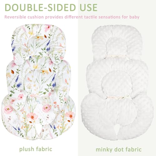 Image of Infant Car Seat Insert, Car Seat Head Support Baby Girls Boys, Soft & Reversible Newborn Carseat Insert Cushion with 2 Strap Covers, for Stroller, Swing, Bouncer (White Wildflowers)
