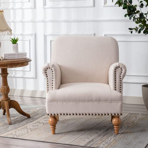 Janoray Linen Accent Chairs Set Of 2 Mid-Century Modern Living Room Armchair With Nailhead Trim & Wood Legs Comfy Upholstered Single Sofa Chair For Lounge/Bedroom/Reception, Cream #TOP3