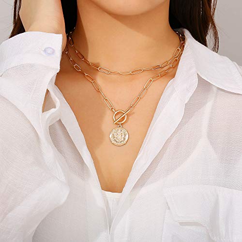 Gold Layered Necklaces for Women, 14K Gold Plated Vintage Evil Eye Queen Elizabeth Bee Sun and Moon Medallion Necklace Retro Choker Chain Link Necklace Gold Layered Necklaces for Women Jewelry3