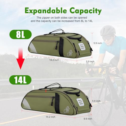 YEEGO DIRECT Bike Rack Bag, 14L Expandable Capacity Bike Bags for Bicycles Rear Rack,Water-resistant Bike Trunk Panniers Reflective Design, Crossbody Shoulder Bag for Commuting Outings(Green)