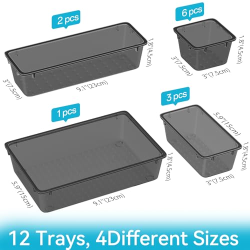 Image of ElegantArray 12-Piece Drawer Organizer Set, 4 Sizes Versatile Plastic Vanity Organizer for Makeup, Stationery, Gadgets, in Kitchen, Bathroom, Office, and Bedroom, Black