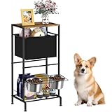 Elevated Dog Bowls, Raised Bowl Stand with Toy Bin Basket, Dog Food Feeding Station, 2 Stainles Container Heights Adjustable Shelve, Holder Cabinet Pet Storage Organizer for Medium Small DogCat, Brown