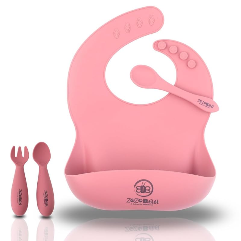Image of Silicone Baby Bib with Spoon and Fork Set | Waterproof Adjustable Bib & First Stage Feeding Utensils for Infants & Toddlers | Soft Silicone Spoon for Baby 6 Months+,1 Set, Dark Red