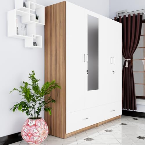 Image of VIKI Wardrobe |Wooden Almirah for 4 Door Wardrobe with 2 Split Drawer & Hanging Space with Mirror (Walnut |White - 40D x 160W x 180.8H) | 1 Year Warranty | Free Assembly