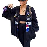 Onsoyours Bomberjacke Damen Sweatjacke Ladies College Sweat Jacket Reißverschluss Für Frauen Oversized Patchwork Jacke Vintage Druck Jacken Baseball Mantel F Schwarz M