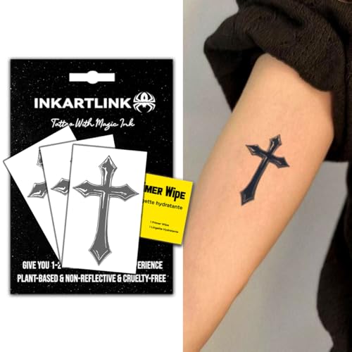 INKARTLINK Semi Permanent Tattoos, 3 Sheets of Small Temporary Tattoos, Adult Art Designs, Party Favors, Waterproof, Realistic, No Adhesive, No Reflective, Lasts 1-2 Weeks (Cross)