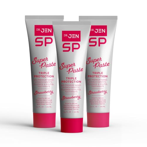 Dr. Jen Super Paste/Toothpaste with Fluoride +10% Nano-Hydroxyapatite Travel Toothpaste for Teeth Whitening & Sensitive Teeth Care (Pack of 3, Strawberry)