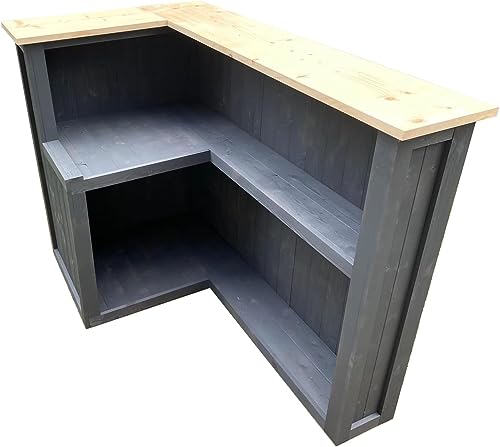 Barra de madera gris oscuro en forma de L con parte superior transparente, elegante bar de jardín para interiores y exteriores, bar de ginebra y cóctel, perfecto para cuevas de hombre (140 x 80 x 102