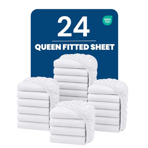 Image of Bulk 24-Pack Hotel Fitted Sheets Queen Size, 16-Inch-Deep Pocket, White