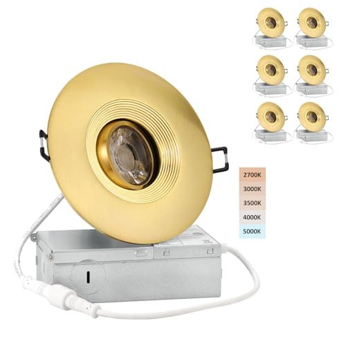 Image of POPANU Premium 4-inch LED Recessed Lights - 5 CCT 4 Inch Eyeball Ceilling Gimbal Potlight, Dimmable Recessed Lights Fixture with Junction Box, 8W CCT Adjustable, Shiny Gold, with Baffle, 6P