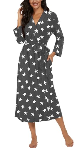 Image of VINTATRE Robes for Women Long Knit Bathrobe XS-4XL | 3 /4 Sleeve Bathrobes with Pockets, Stretchy and Lightweight Fabric, Inner Tie and Fixed Outer Belt, Mid Calf Length