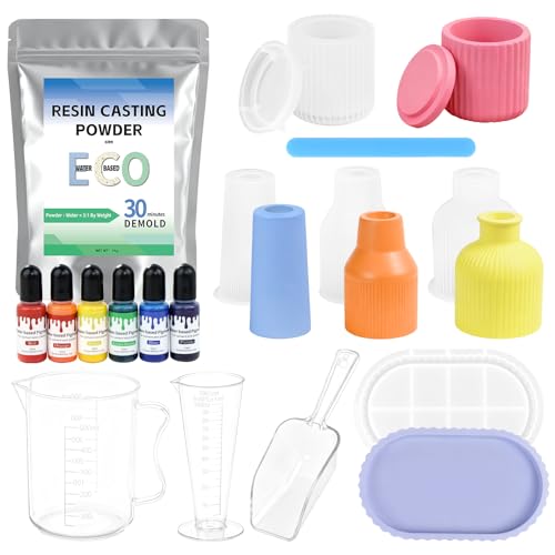 FTUREERA Gießpulver Starter Set 1000g Weißes Gießpulver 4 Silikonformen Gießformen Vase und 1 Silikonformen Paletten 6 Farbpigmente Gips zum Gießen Set für DIY Gießform Gieß-pulver Bastelset