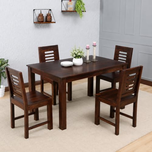 Image of Solid Sheesham Wood 4 Seater Dining Table Set with 4 Chairs, Walnut Finish, Wooden Dining Set for Home & Kitchen, Basic Assembly Required