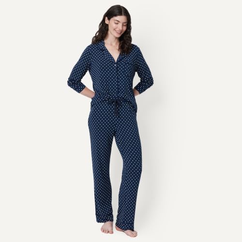 Image of Amazon Essentials x Sofia Grainge Women's Stretch Modal Long-Sleeve Button-Front Top and Full-Length Bottom Pajama Set