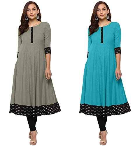 Image of NATEK Plain Cotton Fresh Arrival Anarkali Kurti Kurta for Ladies Women - Combo Set of 2 Grey, SkyBlue Color Large Size