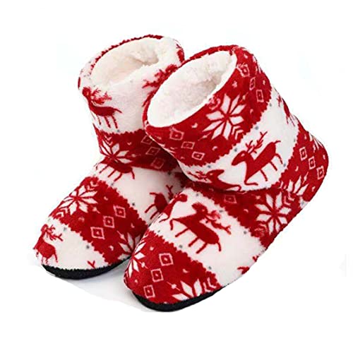 Fluffy Christmas Deer Slipper Plush Boots Ladies Indoor Outdoor Ankle Bootie Thermal Warm Shoes for Girls Women Fleece Thicken Cotton Slippers Anti-Slip Sole Winter Booties Cosy Home