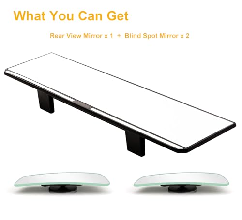 Image of Kitbest Rear View Mirror - Interior Clip On Panoramic to Reduce Blind Spot - Universal Wide Angle for Cars, SUV, Trucks - Flat - Bonus 2 PCS Blind Spot Mirrors