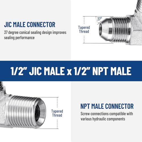 Image of 5 Pack 90 Degree Elbow Hydraulic Adapter Fittings: 1 /2 inch JIC Male x 1 /2 inch NPT Male, with Protection Cover Hydraulic Hose Crimp Connectors
