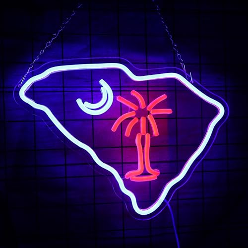 Image of South Carolina Flag Neon Light Sign Palmetto Tree Moon Neon Sign USB Powered for Room Decor S.C. Flag LED wall sign Tree moon Neon Signs Led Neon Light sign for Wall Decor Game Room Man Cave Pub Party Birthday Gifts 15.32*11.6 Inch