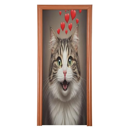 FLildon Smile Cat Red Hearts Door Cover Decoration, Party Accessory Porch Decor for Festive Ornament Room Door Covers 35 x 79 Inch