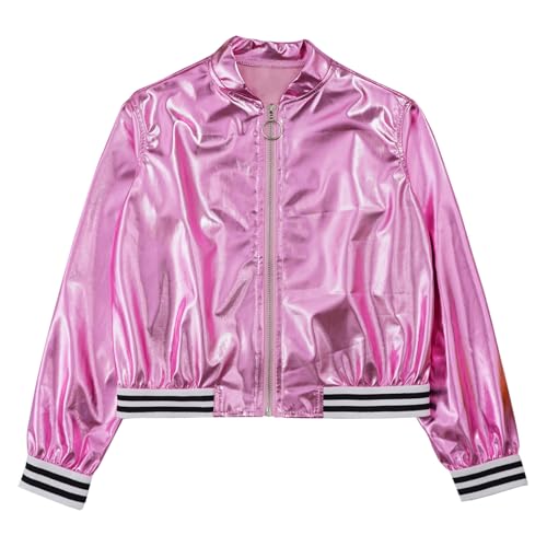 Loyan Kids Girls Metallic Bomber Jacket Coat Zip Up Long Sleeve Jazz Dance Crop Top Windbreaker Outerwear2