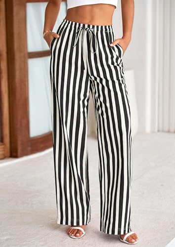 PRETTYGARDEN Women's Wide Leg Lounge Pants 2025 Summer Drawstring Elastic Waist Comfy Striped Pajama Bottoms Trendy Clothes