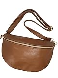 Sac Banane en Cuir Véritable Italien, Bandoulière Réglable, 30 x 20 cm, Or, pour Femme (Camel grainé)
