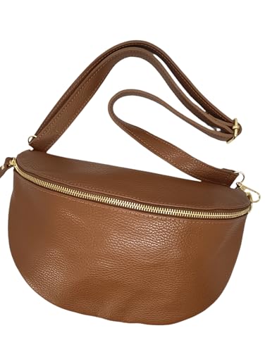 Sac Banane en Cuir Véritable Italien, Bandoulière Réglable, 30 x 20 cm, Or, pour Femme (Camel grainé)