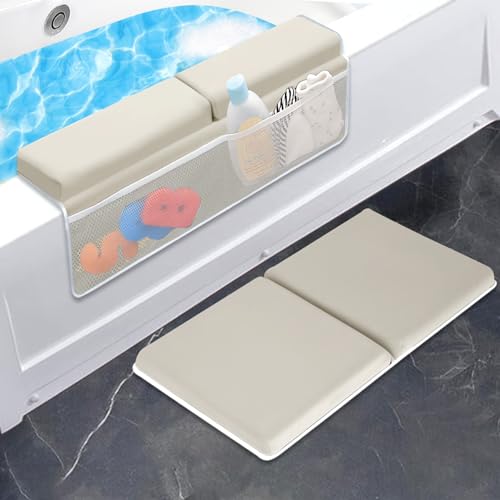 Image of JJGoo Bath Kneeler with Elbow Rest Pad Set, 1.5 inch Kneeling Pad Mat for Bathtub Baby Bathing Parents, Painless Foam Mat with Toy Organizer Pockets, Non-Slip for Baby and Toddler Bathing