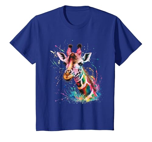 Image of Giraffe Men Woman Colorful Watercolor Giraffe T-Shirt, Youth, Royal Blue, Large